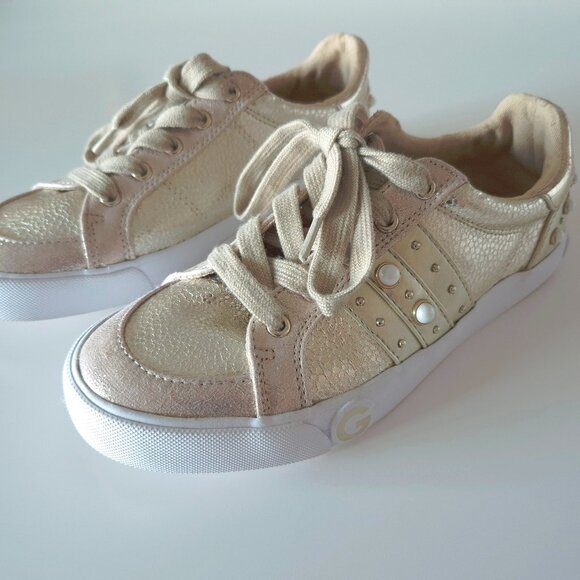 EUC G by Guess gold metallic finish embellished lace up sneakers, US 6 - Picture 1 of 11